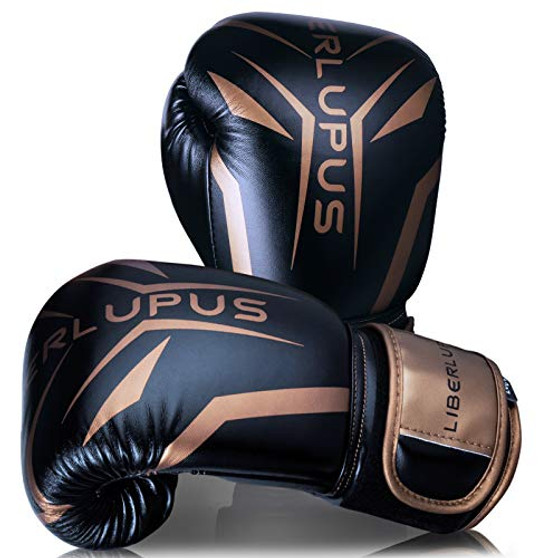 Liberlupus Cool Style Boxing Gloves for Men  and  Women Boxing Training Gloves Kickboxing Gloves Sparring Gloves Heavy Bag Gloves for Boxing Kickboxing Muay Thai MMA-Black  and  Golden 16 oz-