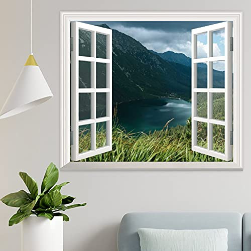 River and Mountain Ahead Faux Window Frame Wall Decor Decals Fake Window Stickers Self Adhesive Modern for Bedroom Living Room Girls Famrhouse Wall Art Murals Wallpaper