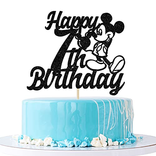 Black Glitter Happy 7th Birthday Cake Topper - Mickey 7th Birthday Cake Topper - Seven Year Old Mickey Mouse Theme Party Decoration Supplies