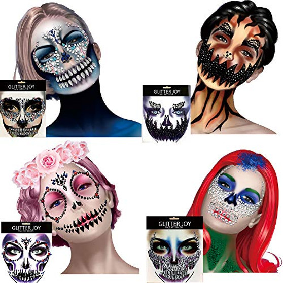4 Pack Day Of The Dead Skull Temporary Rhinestone Temporary Face Tattoo,Face Stickers Gems Jewels for Halloween Festival Rave Party Outfit