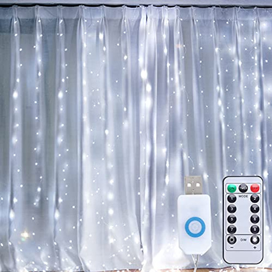 300 LED Window Curtain String Light, 8 Lighting Modes Fairy Twinkle String Lights with Remote, USB Powered Waterproof for Christmas Bedroom Party Wedding Home Garden Wall Decorations, White