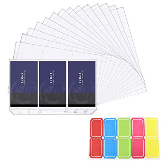 Tnuocke 15pcs clear plastic credit card binder envelope,waterproof PVC bag file bag, 6-hole binder,waterproof cash budget envelope system with color self-adhesive label.