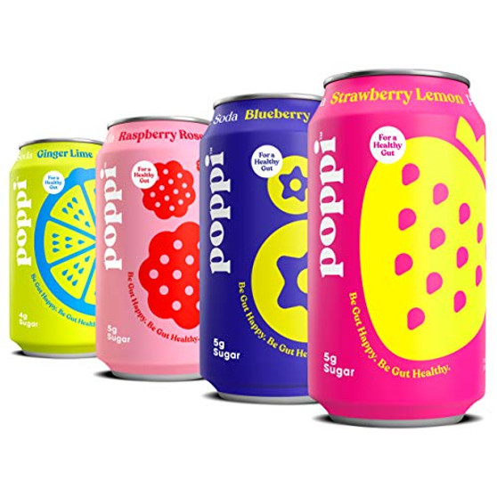 poppi A Healthy Sparkling Prebiotic Soda, w/ Real Fruit Juice, Gut Health & Immunity Benefits, 12pk 12oz Cans, The Short List Variety Pack (Strawberry Lemonade| Lime Ginger| Raspberry Rose| Blueberry)