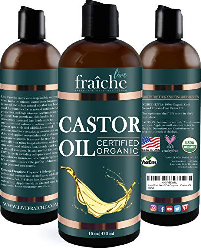 Live Fraiche USDA Organic Cold Pressed Castor Oil (16oz), 100% Pure, Hexane-Free Castor Oil - Moisturizing & Healing, For Dry Skin, Hair Growth - For Skin, Hair Care, Eyelashes - Caster Oil