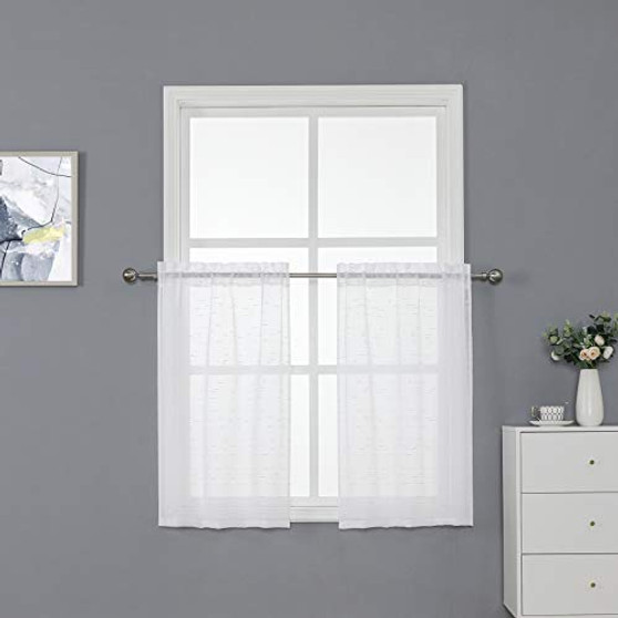 Sheer White Curtains 30 Inch Length Short Sheer Curtains Tiers Voile Half Window Curtain for Bathroom Basement Kitchen Cafe 2 Panels