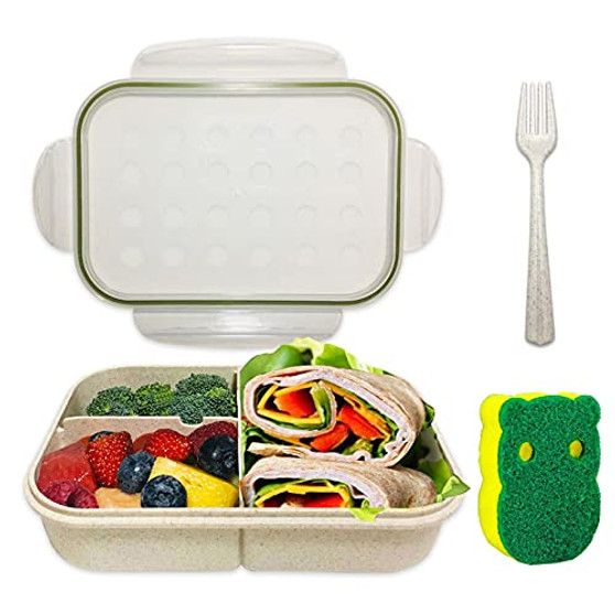 Bento Box Japanese Lunch Box - LAIDIAN 3 Compartment Bento Box for Kids Adults with Fork - Leak-Proof Durable Containers for On-the-Go Meal, BPA-Free and Food-Safe Materials -Green-