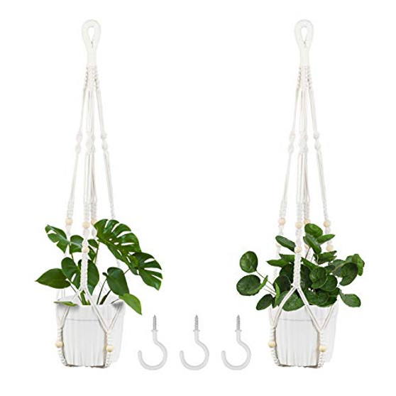Macrame Plant Hangers, Indoor Outdoor Handmade Hanging Basket Planter Flower Pot Holder, Coindivi 34.5 Inch Boho Style Decorative Cotton Rope with Beads for Home, 2 Pack