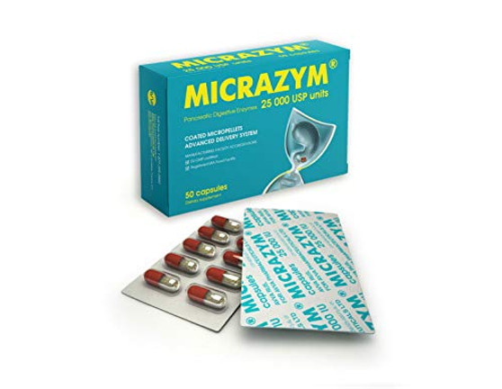 Micrazym Pancreatic Enzymes : 25,000 USP for Healthy Digestion. High Concentration Enteric Coated Digestive Enzymes - Pancreatin (Amylase, Lipase, Protease) - 50 Capsules