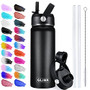 Glink Stainless Steel Water Bottle with Straw, 24 oz Wide Mouth Double Wall Vacuum Insulated Water Bottle Leakproof, Straw Lid and Spout Lid with New Rotating Rubber Handle - Midnight Black