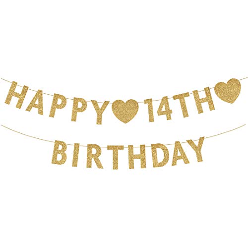Gold Happy 14th Birthday Banner Glitter 14 Years Old Boy or Girl Party ...