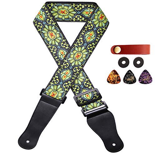 Guitar strap embroidered vintage woven fabric 3 picks plus strap lock