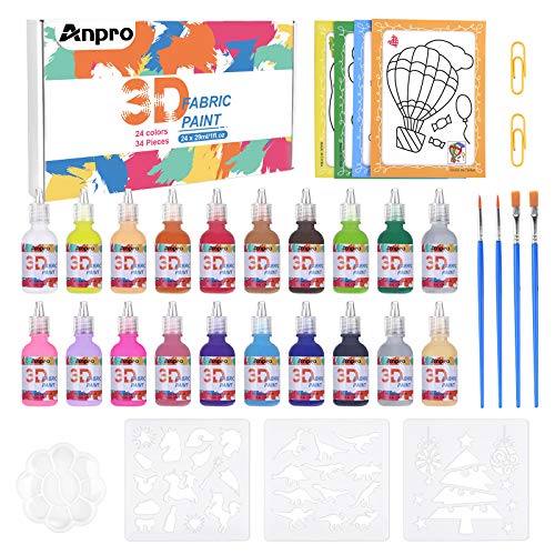 Anpro 3D Fabric Paint Set 24 Colors Puffy Paints for Kid and Adult with 3 Brushes and Palette