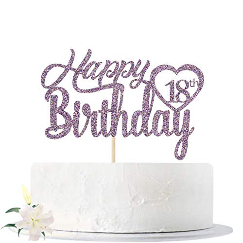 Purple Glitter Happy 18th Birthday Cake Topper, Hello 18, Cheers to 18 ...
