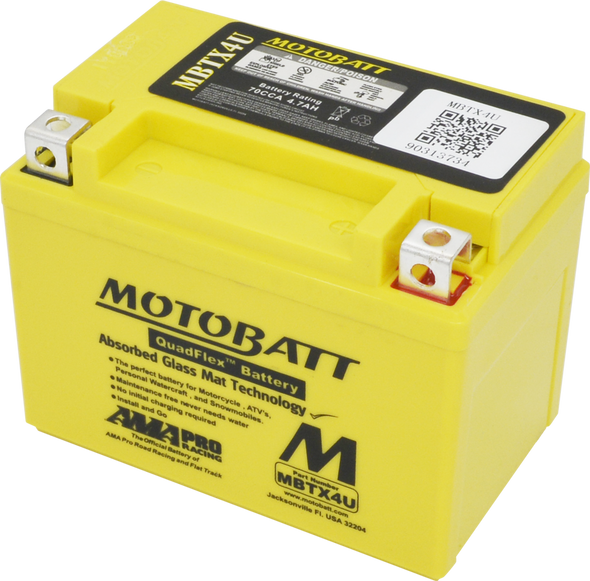 MotoBatt MBTX4U 4.7Ah AAGM Powersports Battery replaces YTX4L YTX4LBS YT4LBS YB4LA YB4LB