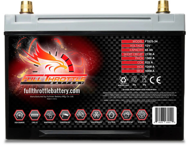 Fullriver FT825-34 65Ah 825 CCA AGM Battery bundle with MotoBatt PDCT1 12V/6V 1A Charger