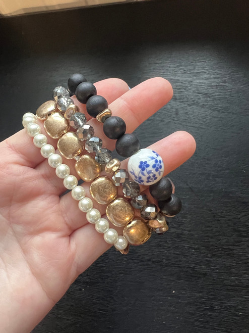 Navy & Gold Pearl Bracelet Set