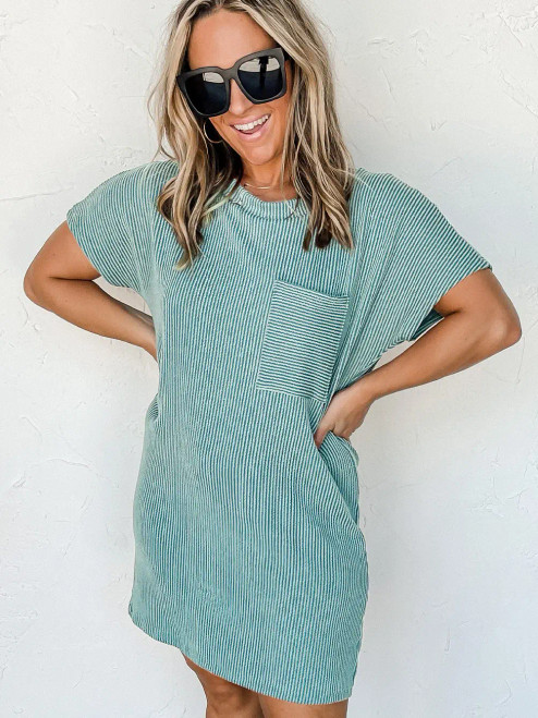 Blue Ribbed T-Shirt Dress