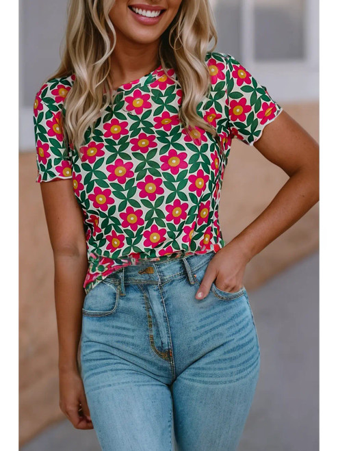 Retro Floral Mesh Top