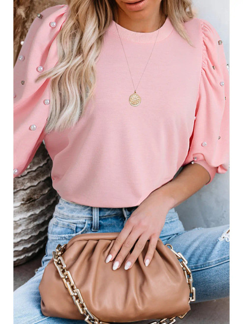 Rhinestone Pearl Puff Sleeve Top