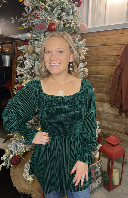 Green Smocked Ribbed Velvet Blouse