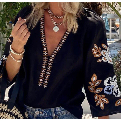 Bohemian Floral V Neck Blouse