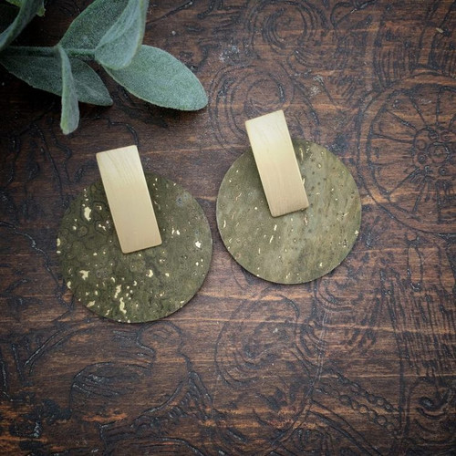 Boho Olive & Gold Circle Cork Earrings