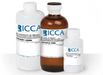 Silver ICPMS, 1000 ppm in HNO3 100 mL Amber poly
Ricca Silver ICP-MS standard is used for water analysis. Specifically, it is used to calibrate an Inductively Coupled Plasma Mass Spectrometer (ICP-MS) to detect and quantify silver in water samples.How the standard is used for water analysis:Calibration: The Ricca Silver ICP-MS standard is a certified reference material containing a known, precise concentration of silver. During water analysis, it is used to create a calibration curve. This curve allows the ICP-MS instrument to accurately determine the unknown concentration of silver in a water sample by comparing the signal from the sample to the known signals from the standard.Traceability: Ricca standards, including those for ICP-MS, are traceable to the National Institute of Standards and Technology (NIST), which ensures the accuracy and reliability of the analytical results.Quality Control: These standards can also be used for quality control checks to verify that the ICP-MS is operating correctly and providing accurate results throughout the analysis. Typical procedure for silver analysis in water:A water sample is prepared, which may involve acid digestion to ensure all silver is in a dissolved state and can be properly measured.The ICP-MS instrument is calibrated using the Ricca Silver ICP-MS standard and other multi-element standards as needed.The prepared water sample is introduced into the ICP-MS, where it is heated in a high-temperature plasma.The ICP-MS measures the presence and quantity of silver ions in the sample based on the calibration curve.The analysis follows established methodologies like those provided by the U.S. Environmental Protection Agency (EPA), which outlines procedures for measuring elements in water and waste by ICP-MS.