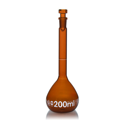 Volumetric flask, USP, Class  A, glass stopper, amber, 200 mL