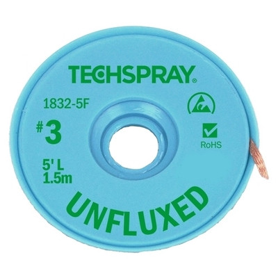 TECHSPRAY UNFLUXED DESOLDERING BRAID, .075, 5 FEET, GREEN