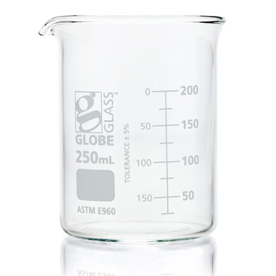 Beaker, Glass, 250mL, ASTM E960 Low Form Griffin Style, Dual Graduations