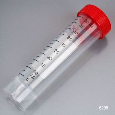 Centrifuge Tube, 50mL, Attached Red Flat Top Screw Cap, PP, Printed Graduations, STERILE, Self-Standing, Certified Centrifuge Tube, 50mL, Attached Red Flat Top Screw Cap, PP, Printed Graduations, STERILE, Self-Standing, Certified
