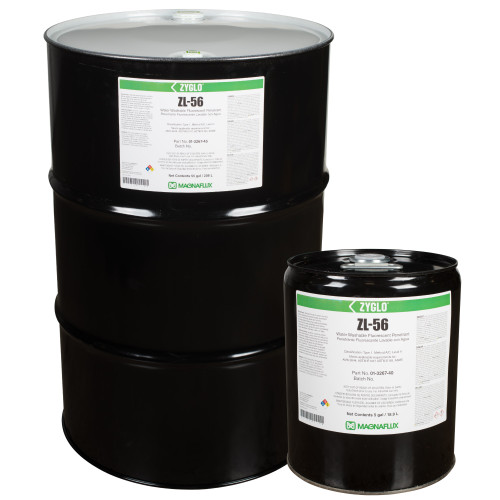 Magnaflux Zyglo ZL-56 fluorescent penetrant in 5 gallon pail and 55 gallon drum