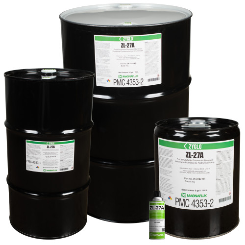 Magnaflux Zyglo ZL-27A post emulsifiable fluorescent penetrant in pail, drums and aerosol can
