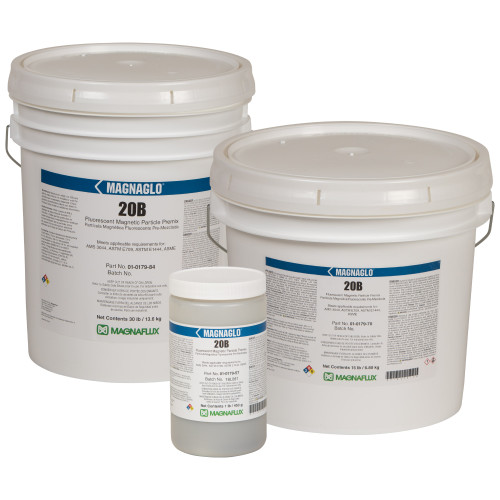 Magnaflux 20B fluorescent magnetic particle premix in pails and 1 pound jar