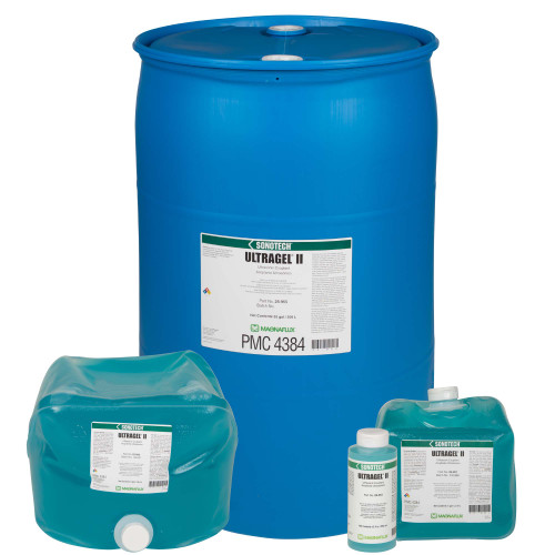 Magnaflux Ultragel II ultrasonic couplant in bottle, 1 gallon and 5 gallon containers