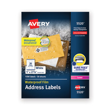 Waterproof Address Labels With Trueblock And Sure Feed, Laser Printers, 1 X 2.63, White, 30/sheet, 50 Sheets/pack