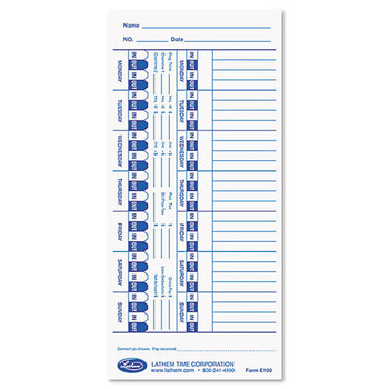 Time Card For Lathem Models 900e/1000e/1500e/5000e, White, 100/pack