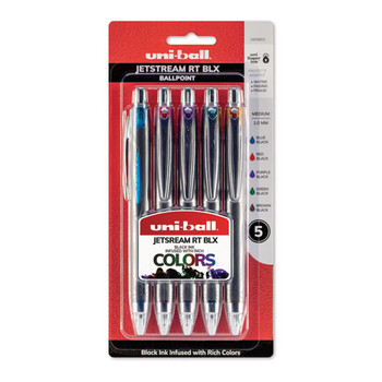 Jetstream Retractable Ballpoint Pen, 1mm, Assorted Ink, Black Barrel, 5/pack