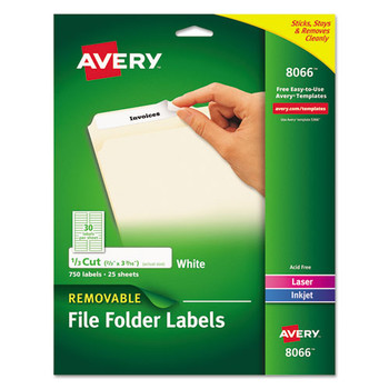 Removable File Folder Labels With Sure Feed Technology, 0.66 X 3.44, White, 30/sheet, 25 Sheets/pack - DAVE8066