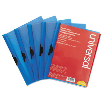 Plastic Report Cover W/clip, Letter, Holds 30 Pages, Clear/blue, 5/pk