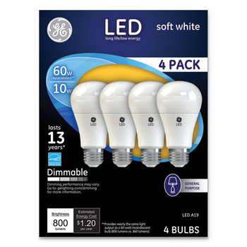 Led Soft White A19 Dimmable Light Bulb, 10 W, 4/pack