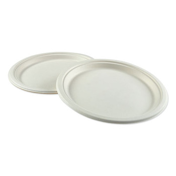 Bagasse Molded Fiber Dinnerware, Plate, 10" Diameter, White, 500/carton