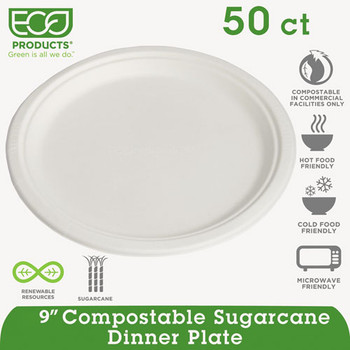Renewable & Compostable Sugarcane Plates, 9", 50/pk