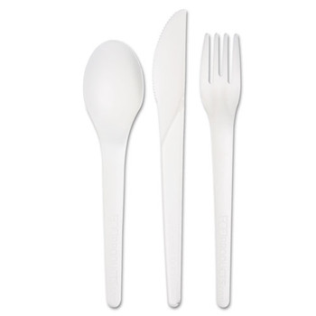 Plantware Compostable Cutlery Kit, Knife/fork/spoon/napkin, 6", Pearl White, 250 Kits/carton