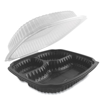 Culinary Lites Microwavable 3-compartment Container, 20 Oz/5 Oz/ 5 Oz, 9 X 9 X 3.01, Clear/black, 100/carton