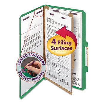 Four-section Pressboard Top Tab Classification Folders With Safeshield Fasteners, 1 Divider, Legal Size, Green, 10/box