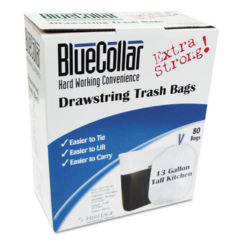 Drawstring Trash Bags, 13 Gal, 0.8 Mil, 24" X 28", White, 80/box