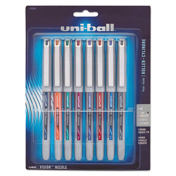 Vision Needle Stick Roller Ball Pen, Fine 0.7mm, Assorted Ink, Silver Barrel, 8/set