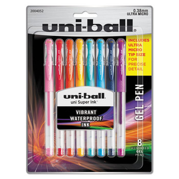 Stick Gel Pen, Micro 0.38mm, Assorted Ink, Clear Barrel, 8/set