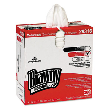 Brawny Industrial Lightweight Shop Towel, 9 1/10" X 12 1/2", White, 200/box